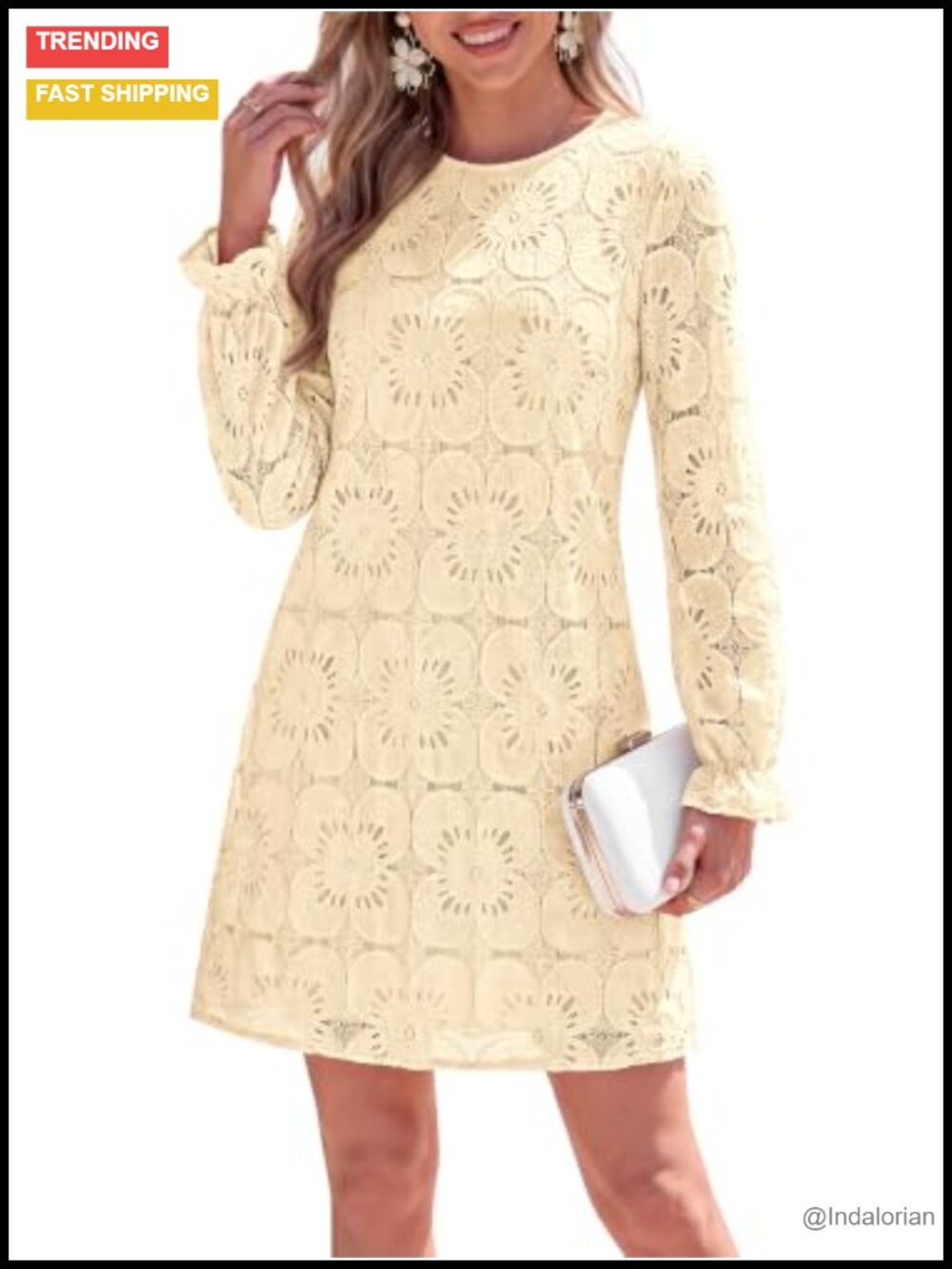 KIRUNDO Women's Long Sleeve Floral Eyelet Lace Mini Dress